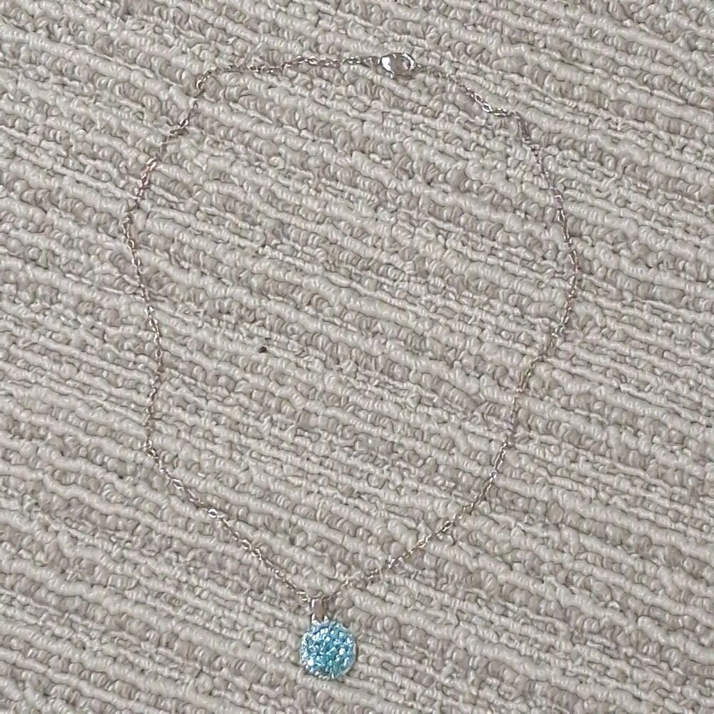Vintage Silver Tone Blue Rhinestone Round Disc Circle Pendant Chain Necklace